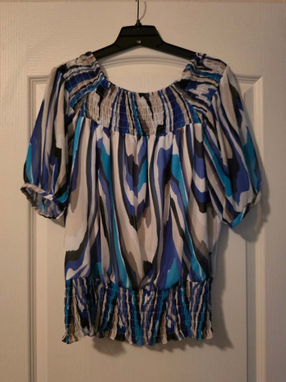 Alfani Women Abstract Print Off Shoulder Smocked Waist 2 Piece Blouse Size 12